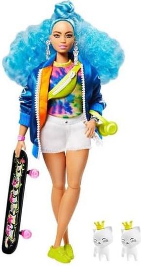Barbie Extra - Doll 4 With Skateboard And 2 Kittens Blue Curly Hair Grn30