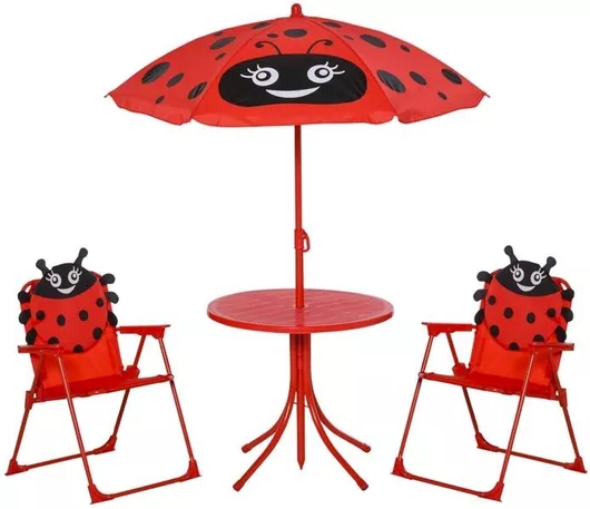 Outsunny - Σετ Παιδικό Σαλόνι Κήπου με Τραπέζι 2 Καρέκλες & Ομπρέλα Πασχαλίτσα 4τμχ 312-024Rd
