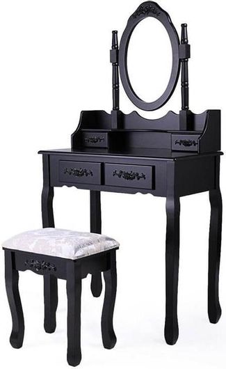 Ξύλινο Έπιπλο Τουαλέτα Κρεβατοκάμαρας, Με 4 Συρτάρια, Σκαμπό Και Στρογγυλό Πτυσσόμενο Καθρέπτη Σε Μαύρο Χρώμα, 138.8X75X40cm - Timeless Tools