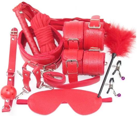 Σετ Ερωτικά Αξεσουάρ Φετίχ Δεσίματος 11τμχ Από Δερματίνη Κόκκινο