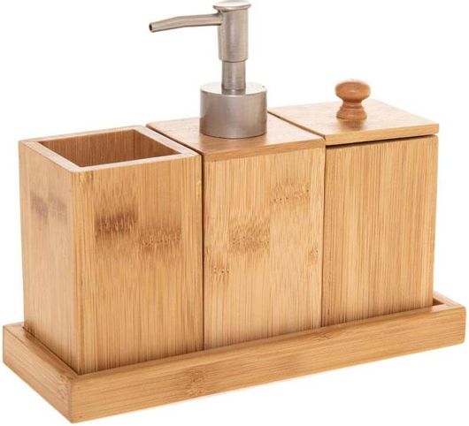 Bamboo Σετ Μπάνιου 3τμχ με Βάση Τοποθέτησης σε Καφέ Χρώμα 22x9x18cm -