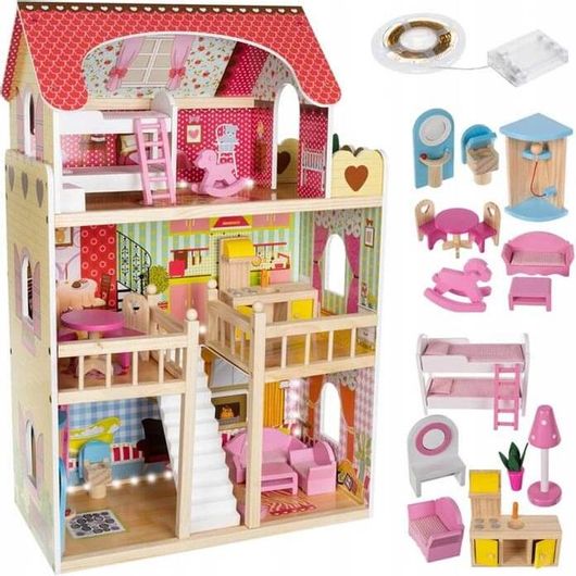 Σετ Ξύλινο Κουκλόσπιτο 3 Ορόφων 16 Τεμαχίων Με Led Φωτισμό 29X59X90 cm Dollhouse -