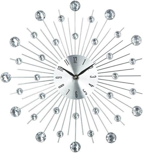 Διακοσμητικό Ρολόι Τοίχου με Κρύσταλλα Ασημένιες Ακτίνες & Διάμετρο 33cm -