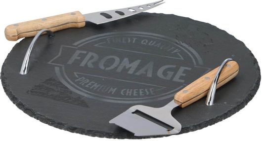 Σετ 3τμχ Δίσκος Κοπής Τυριού με Σπάτουλα & Πιρούνι από Ανοξείδωτο Ατσάλι Διαμέτρου 30cm 28.5x17cm