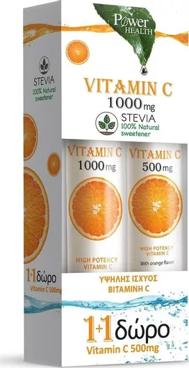 Power Of Nature Vitamin C 1000mg Στέβια & Vitamin C 500mg Στέβια Βιταμίνη για Ενέργεια & το Ανοσοποιητικό 1000mg Πορτοκάλι 40 Αναβράζοντα Δισκία