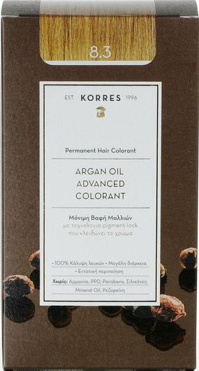 Korres Argan Oil Advanced Colorant Βαφή Μαλλιών Χωρίς Αμμωνία 8.3 Ξανθό Ανοιχτό Μελί 50ml