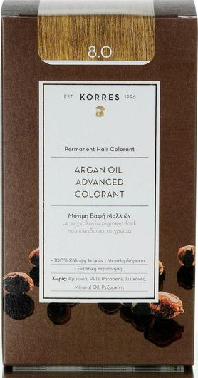 Korres Argan Oil Advanced Colorant Βαφή Μαλλιών Χωρίς Αμμωνία 8.0 Ξανθό Ανοιχτό Φυσικό 50ml