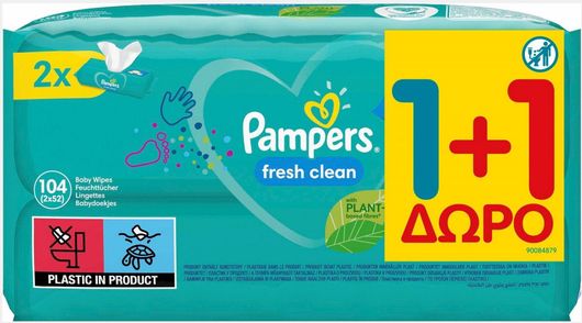 Μωρομάντηλα Pampers Fresh Clean χωρίς Οινόπνευμα 2x52τμχ