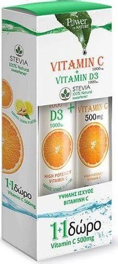 Power Of Nature Vitamin C 1000mg & Vitamin D3 1000iu Stevia + Vitamin C 500mg Βιταμίνη για Ενέργεια & Ανοσοποιητικό 1000iu 1000mg Πορτοκάλι 44 Αναβράζοντα Δισκία