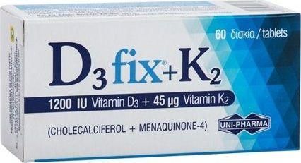 Uni-Pharma D3 Fix + K2 Βιταμίνη για Ενίσχυση του Ανοσοποιητικού & την Υγεία των Οστών 1200iu 45mg 60 Ταμπλέτες