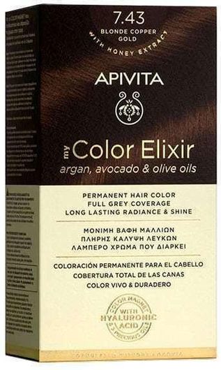 Μόνιμη Βαφή Μαλλιών Apivita Μυ Color Elixir No 7,43 Ξανθό Xάλκινο Mελί 125ml