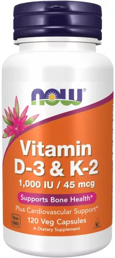 Now Foods Vitamin D-3 & K-2 Βιταμίνη για Ενίσχυση του Ανοσοποιητικού & την Υγεία των Οστών 1000iu 120 φυτικές Κάψουλες