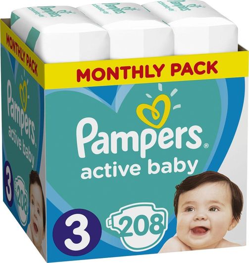 Πάνες με Αυτοκόλλητο Pampers Active Baby No.3 για 6-10kg 208τμχ