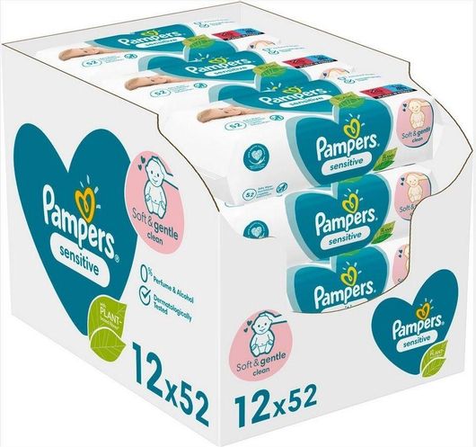 Μωρομάντηλα Pampers Sensitive χωρίς Άρωμα & Οινόπνευμα 12x52τμχ