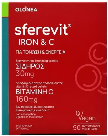 Συμπλήρωμα Διατροφής Olonea Sferevit Σίδηρο & Βιταμίνη C για Τόνωση & Ενίσχυση της Άμυνας του Οργανισμού 90 Κάψουλες
