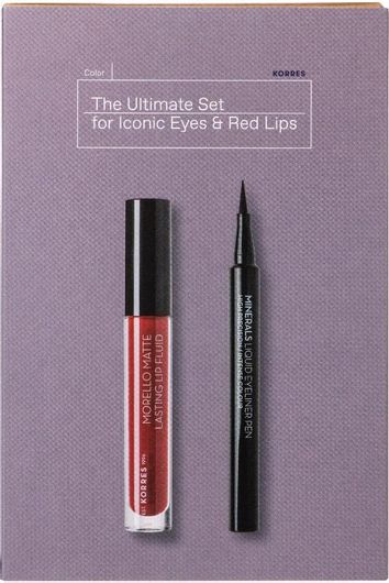 Korres The Ultimate Set Liquid Eyeliner Pen 01 Black & Morello Lip Fluid 59 Brick Red