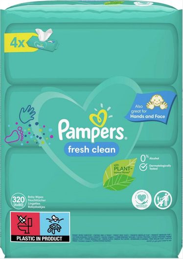 Pampers Fresh Clean Μωρομάντηλα χωρίς Οινόπνευμα & Parabens 4x80τμχ