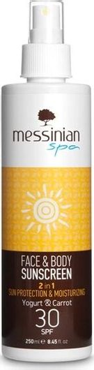 Αντηλιακή Κρέμα Προσώπου & Σώματος Messinian Spa Sunscreen 2 in 1 Protecting & Moisturizing Yoghurt & Carrot SPF30 σε Spray 250ml