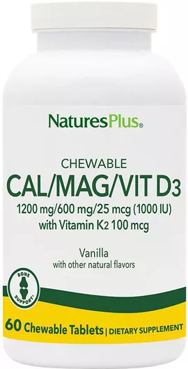 Nature's Plus Bone Support Chewable Bone Support Cal/Mag/Vit D3 with Vitamin K2 60 Μασώμενες Ταμπλέτες Βανίλια