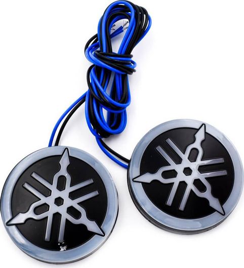 Αυτοκόλλητα LED Όγκου Μηχανής Μπλε Φωτισμού 12V με Λογότυπο Yamaha Σετ 2τμχ Μαύρο / Γκρι