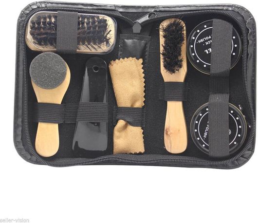 8 in 1 Black And Neutral Shoe Shine Polish Cleaning Brushes Set Kit in Travel Case