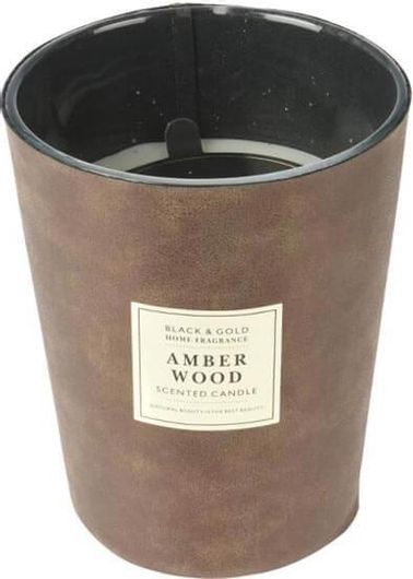 Αρωματικό Κερί OEM σε Γυάλινο Κηροπήγιο με Οικολογικό Δέρμα 16x11.5cm Αmber Wood