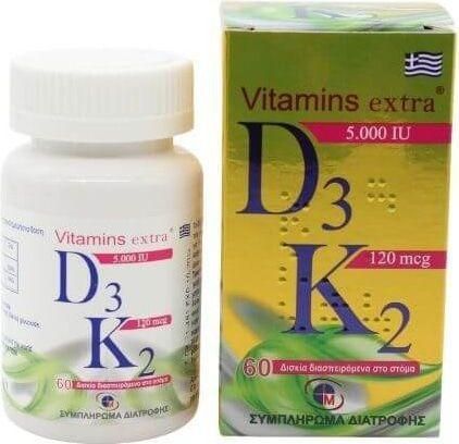 Medichrom Vitamins Extra D3 5000IU & K2 120mcg Βιταμίνη για Ενίσχυση του Ανοσοποιητικού & την Υγεία των Οστών 5000iu 60 κάψουλες