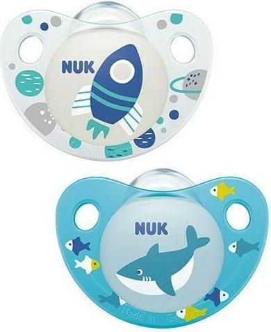 Πιπίλες Nuk Ορθοδοντικές Σιλικόνης για 6-18 μηνών Trendline Adore με Θήκη 2 τμχ Μπλε/Λευκό
