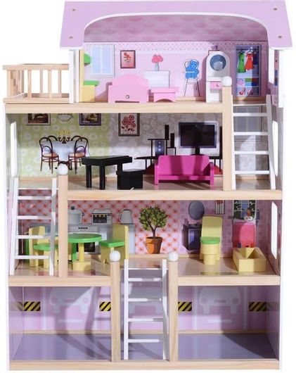 Ξύλινο Κουκλόσπιτο με 4 Ορόφους & Αξεσουάρ HOMCOM 60 x 30 x 80 cm 350-011