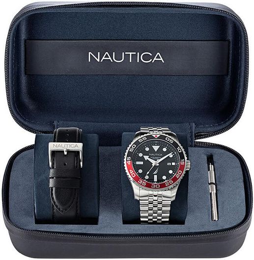 Ανδρικό ρολόι Nautica Pacific Beach Date 43 BoxSet Stainless Steel Μπρασελέ NAPPBF145 Ασημί