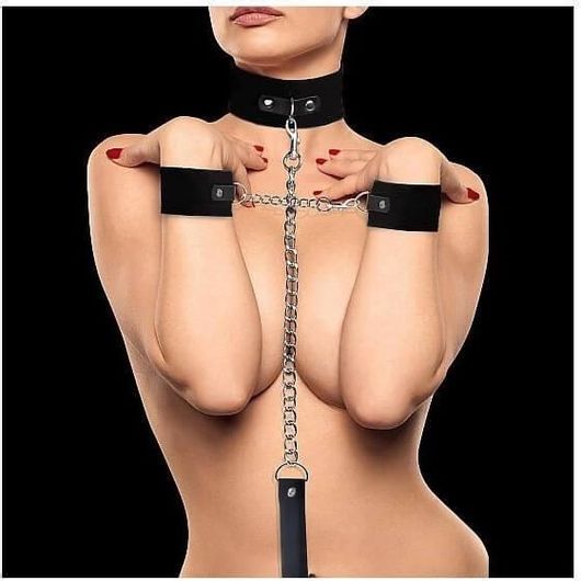 BDSM Δερμάτινο Δέσιμο με Περιλαίμιο & Χειροπέδες & Αλυσίδα 10cm