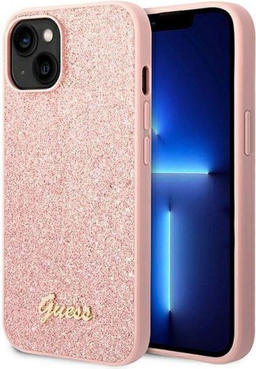 Guess Glitter Flakes Script Metal Logo Back Cover Σιλικόνης Ροζ iPhone 14 Plus