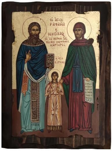 Εικόνα οι Άγιοι Ραφαήλ, Νικόλαος και Ειρήνη Aggelography Μεταξοτυπία 16x21x2.8cm