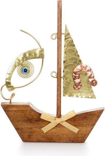 Επιτραπέζιο Γούρι Καράβι με Μάτι Και Πέταλο GRB016KA Ξύλινο