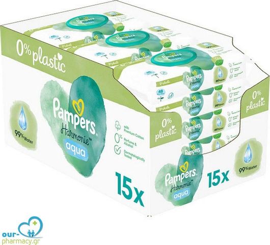Pampers Harmonie Aqua Μωρομάντηλα με 99% Νερό, χωρίς Άρωμα, Οινόπνευμα & Parabens 15x48τμχ