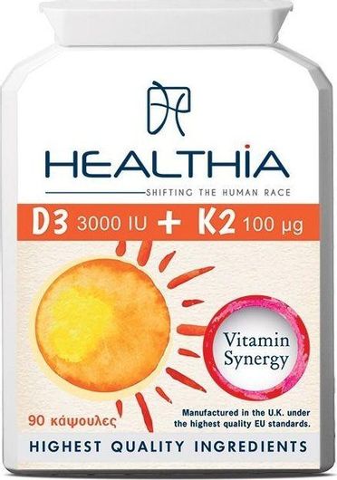 Healthia D3 3000iu & K2 100mg Βιταμίνη για Ανοσοποιητικό 3000iu 100mg 90 Κάψουλες
