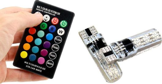 Λάμπα Αυτοκινήτου Ψείρες LED T10 W5W W3W Rgb 12V Με Ασύρματο Τηλεχειριστήριο 2τμχ