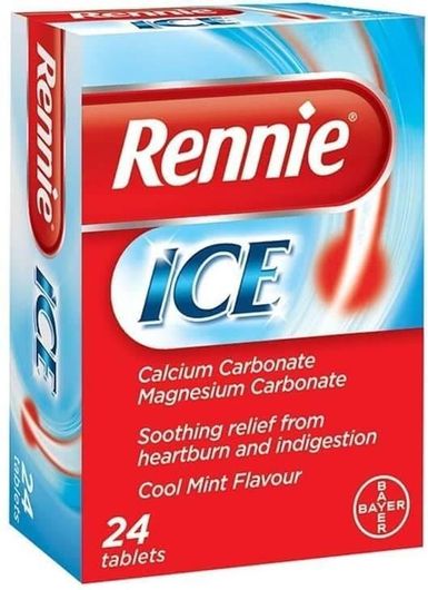 Bayer Rennie Ice Αντιμετώπιση Συμπτωμάτων Καύσους Στομάχου/Γαστρικών Ενοχλήσεων 24 Μασώμενα Δισκία Cool Mint Χωρίς Ζάχαρη Μέντα