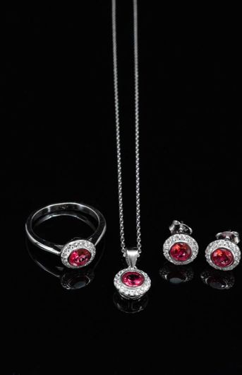 Σετ Κοσμημάτων Πέτσιος Κολιέ Δαχτυλίδι και Σκουλαρίκια Καρφωτά με Πέτρες Ζιργκόν και Ρουμπίνι Από Ασήμι Sz0013