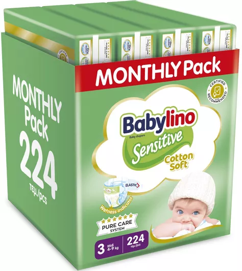 Πάνες με Αυτοκόλλητο Babylino Sensitive Cotton Soft Monthly Pack No. 3 για 4-9kg Σετ 224τμχ