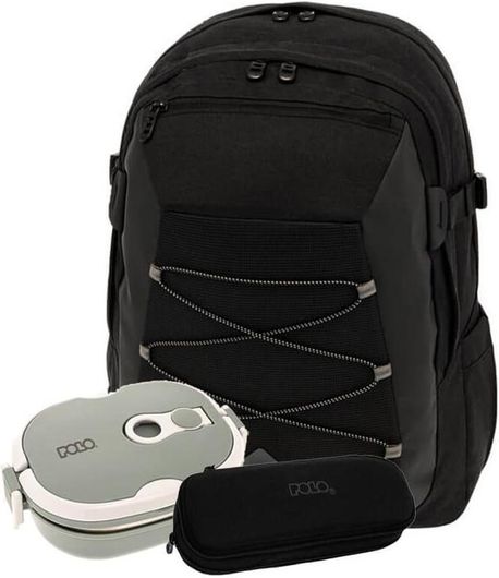 Σχολική Τσάντα Δημοτικού Σετ Polo S-025-2000-3P με Σακίδιο Nirvana Κασετίνα και Δοχείο Φαγητού-Θερμός Μαύρο