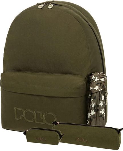Σχολική Τσάντα Δημοτικού Σετ Original Polo S135-6500-P με Ίδια Κασετίνα και Πορτοφολάκι Χακι