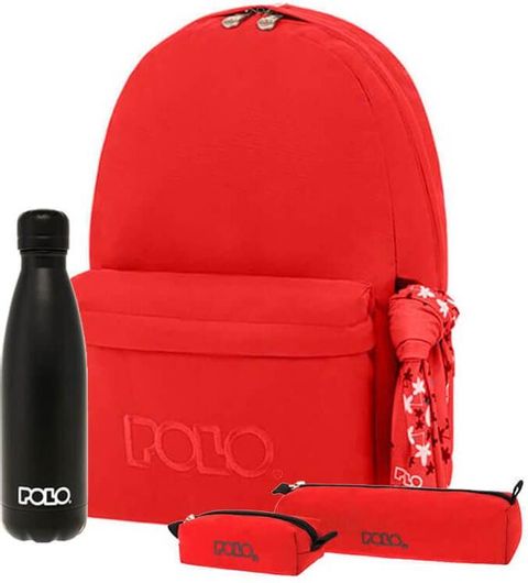 Σετ Σχολική Τσάντα Original Polo με Κασετίνα & Πορτοφολάκι Κόκκινο & Παγούρι Θερμός 500ml