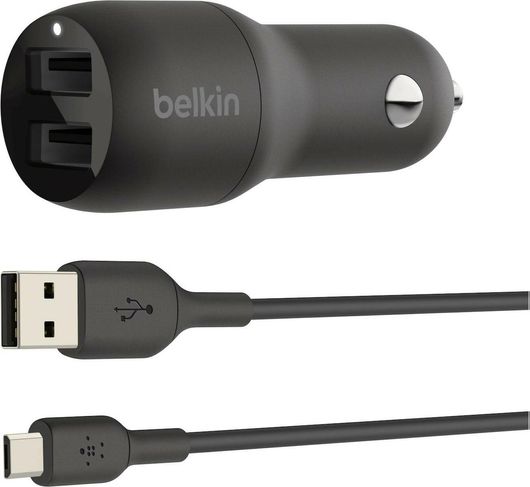 Φορτιστής Αυτοκινήτου Belkin Μαύρος Συνολικής Έντασης 2.4A με Θύρες: 2xUSB μαζί με Kαλώδιο micro-USB