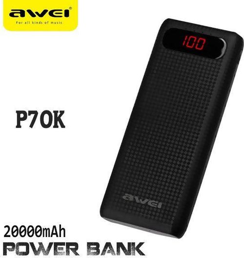 Awei P70K Power Bank 20000mAh με 2 Θύρες USB-A Μαύρο