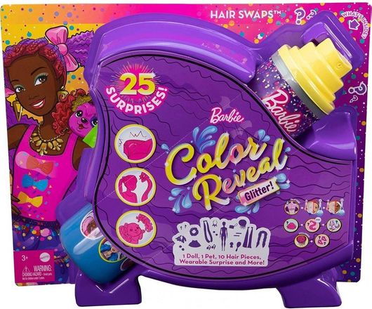 Barbie Color Reveal Glitter! Hair Swaps Doll, Glittery Blue With 25 Hairstyling