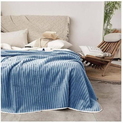 Κουβέρτα Flannel Sherpa Προβατάκι Stripe 220X190 Μπλε