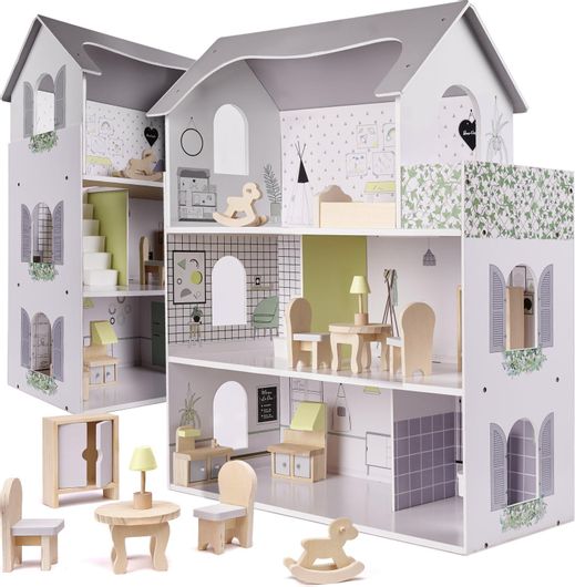 Παιδικό Ξύλινο Κουκλόσπιτο Loco 3 Ορόφων Με Έπιπλα Σε Γκρι Χρώμα 70cm