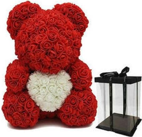 Αρκουδάκι από Τεχνητά Τριαντάφυλλα με Καρδιά 29cm Κόκκινο