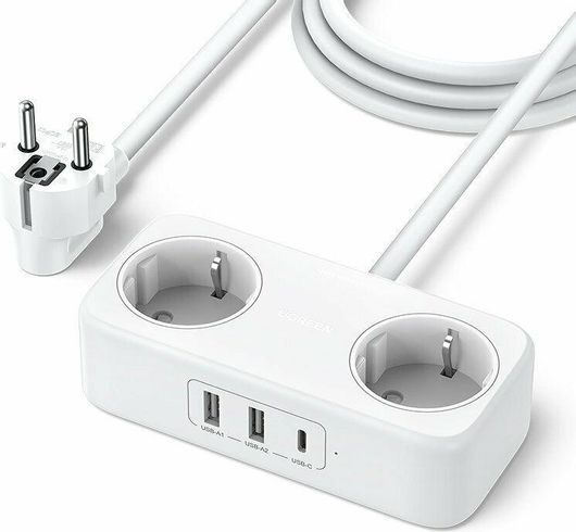 Ugreen Πολύπριζο 2 Θέσεων με 3 USB και Καλώδιο 1.8m Μαύρο